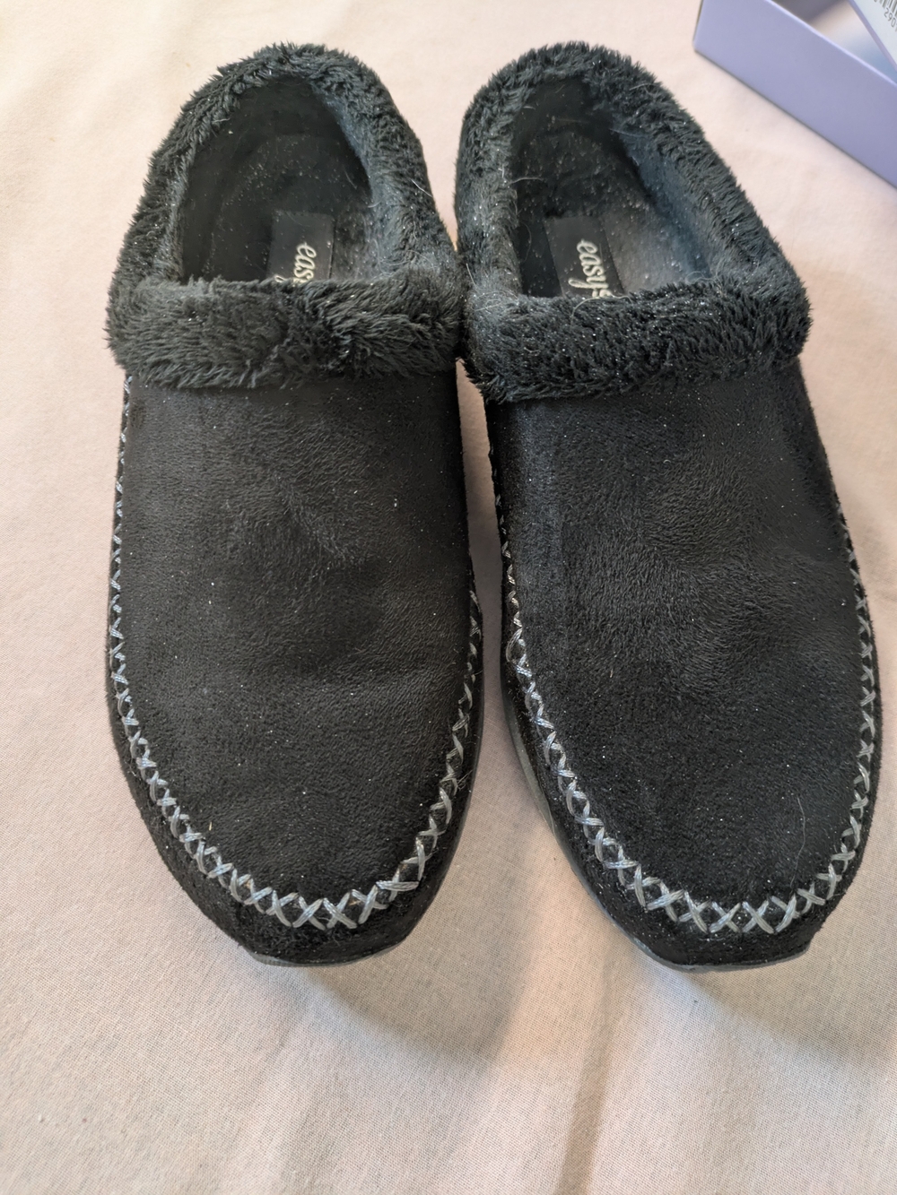 Easy Spirit Women's Black Suede Clog Slippers Faux Fur Trim Mule Moccasin SZ 5